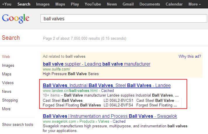 英文SEO案例 - Ball Valves, Gate Valves英文Google第2页