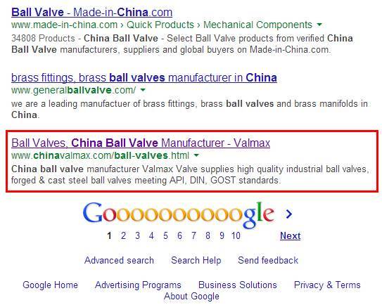 谷歌优化案例: China Ball Valve谷歌第一页